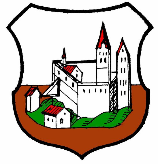 Wappen von Muthmannshofen: Ein Schild (oben weiß, unten braun), drauf eine weiße Burg