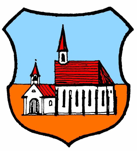 Wappen von Frauenzell: zweigeteiltes Schild, oben hellblau, unten orangefarben. In der Mitte eine Kapelle.