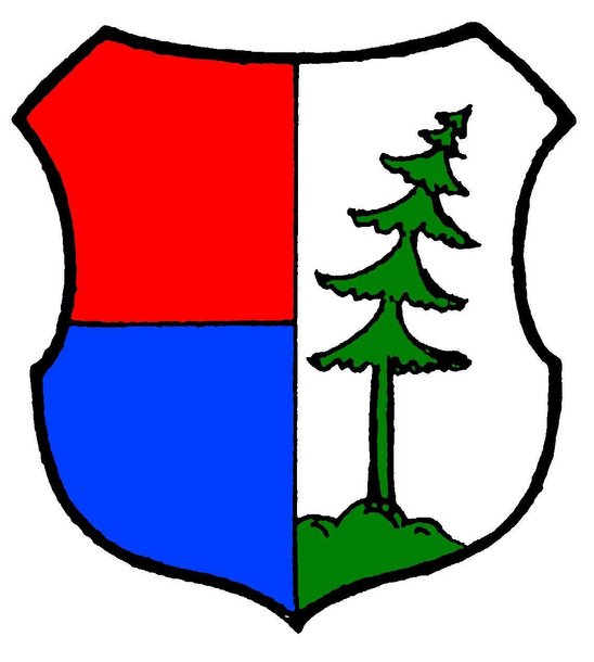 Wappen von Kimratshofen: dreigeteiltes Schild, links oben rot, links unten blau, rechts weiß mit einer grünen Tanne