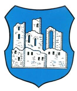 Wappen von Altusried: Schild mit blauem Hintergrund. Darauf die Burg Kalden in weißer Farbe.