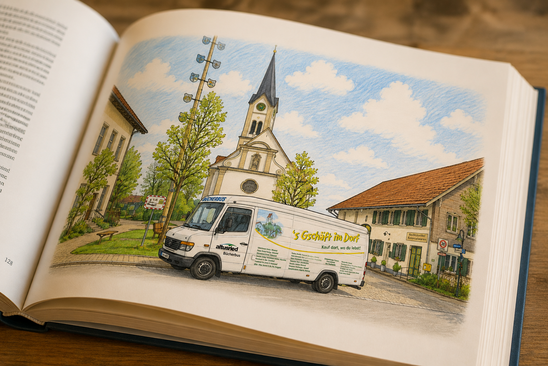 KI-Zeichnung Bücherbus in Frauenzell Mittels KI erstellte Zeichnung. Auf der Seite eines aufgeschlagenen Buches steht der Bücherbus vor der Kirche in Frauenzell